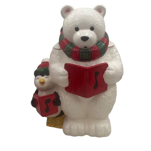 Vintage Caroling Polar Bear & Penguin Christmas Cookie Jar Ceramic W/Box CELLAR - Picture 9 of 16